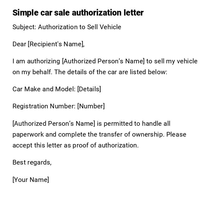 Simple car sale authorization letter Simple car sale authorization letter