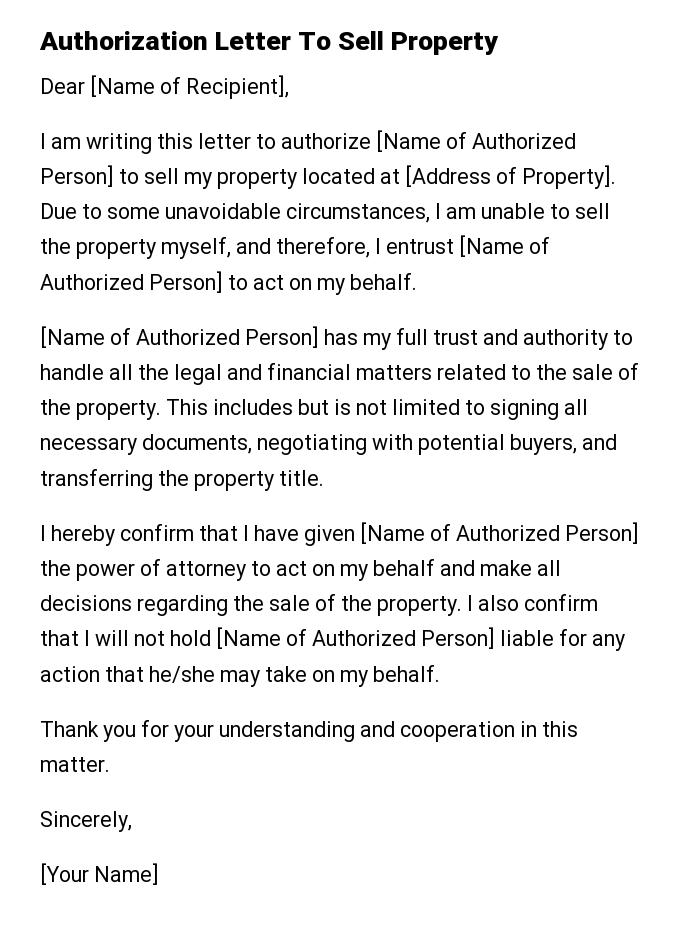 Authorization Letter To Sell Property