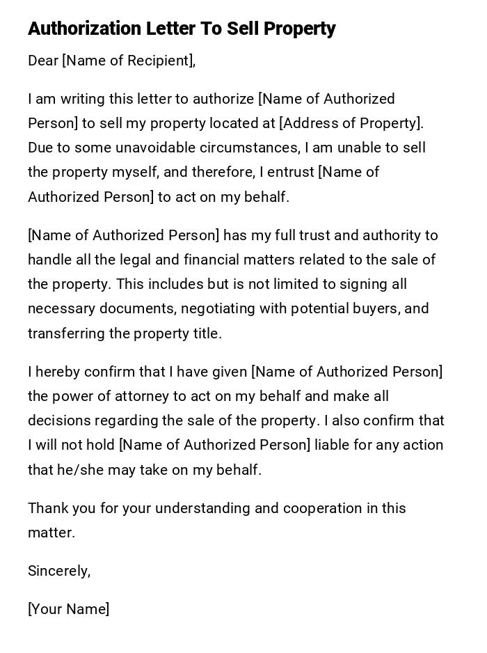 Authorization Letter To Sell Property