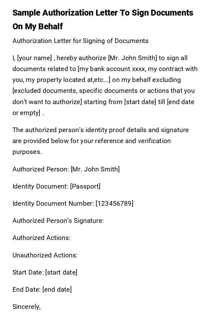 Sample Authorization Letter To Sign Documents On My Behalf