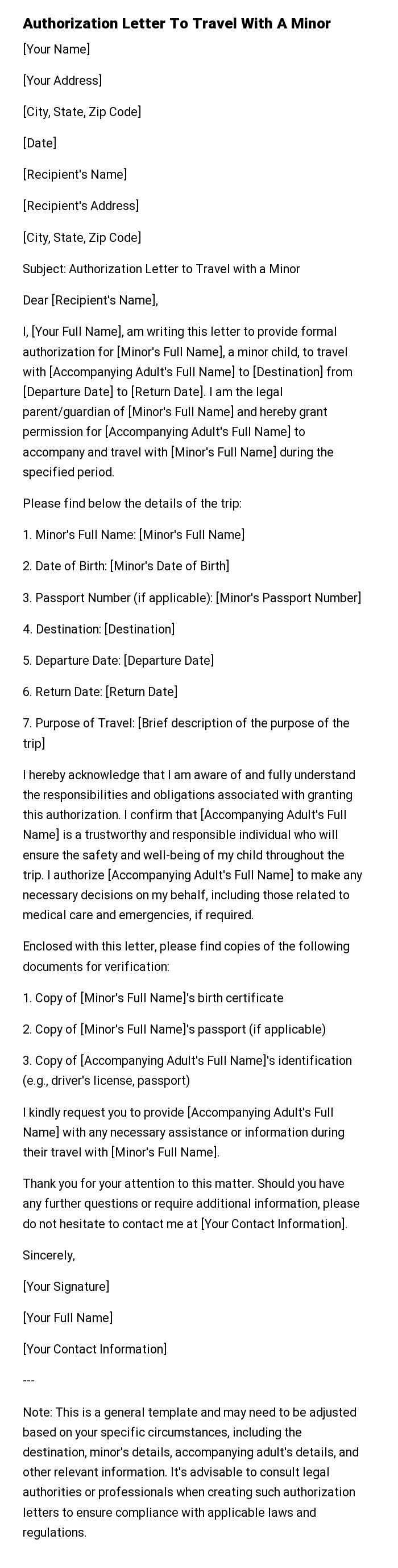 Authorization Letter To Travel With A Minor