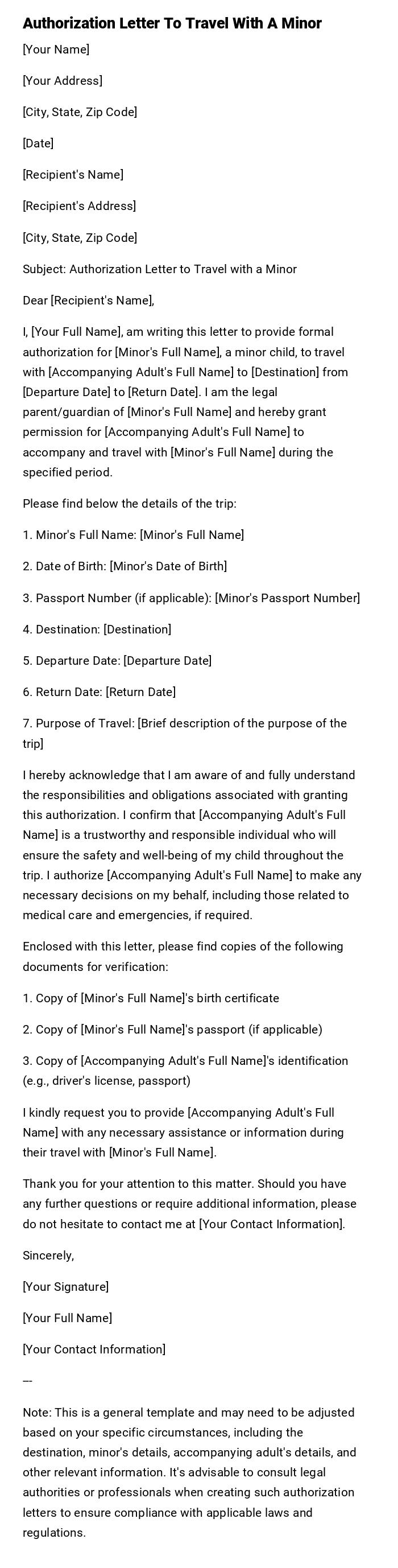 Authorization Letter To Travel With A Minor