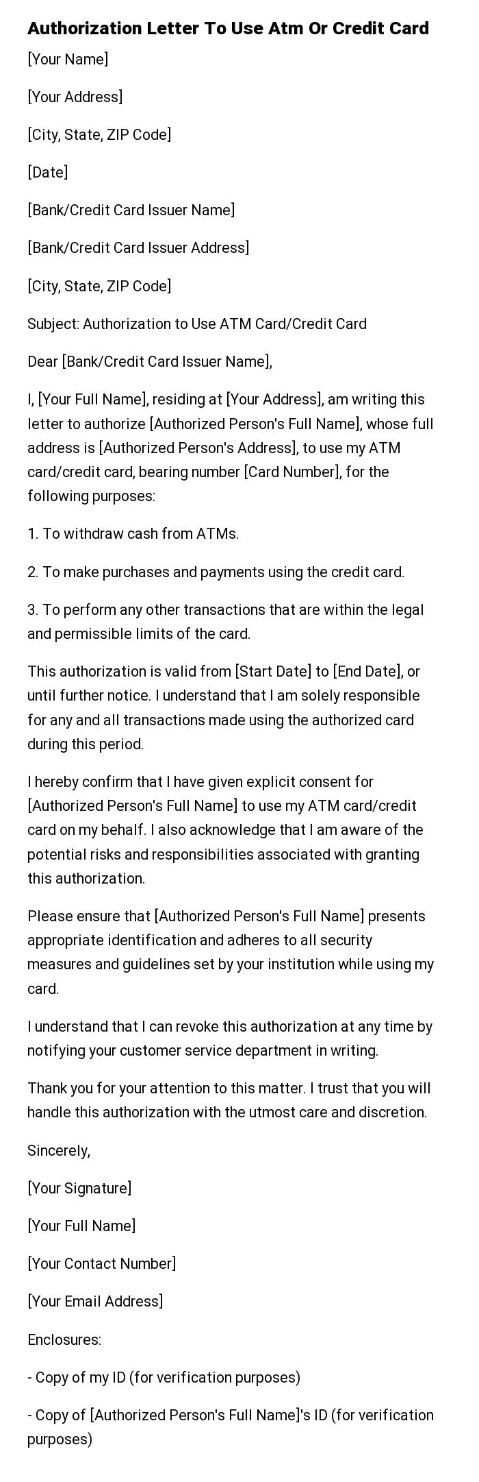 Authorization Letter To Use Atm Or Credit Card