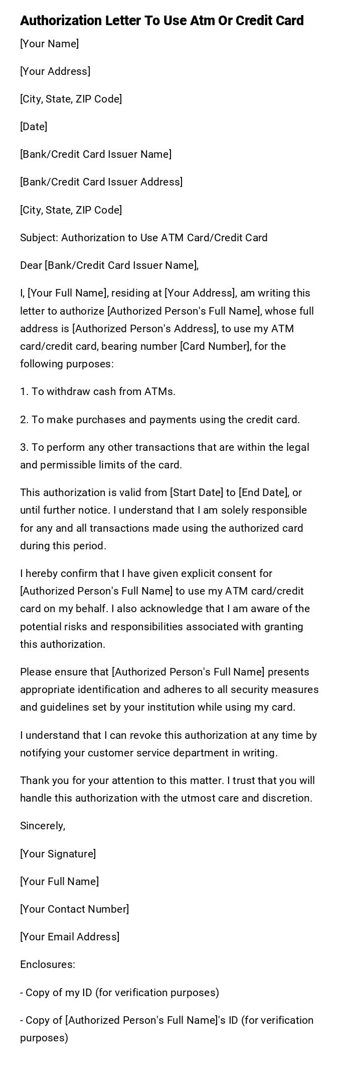 Authorization Letter To Use Atm Or Credit Card