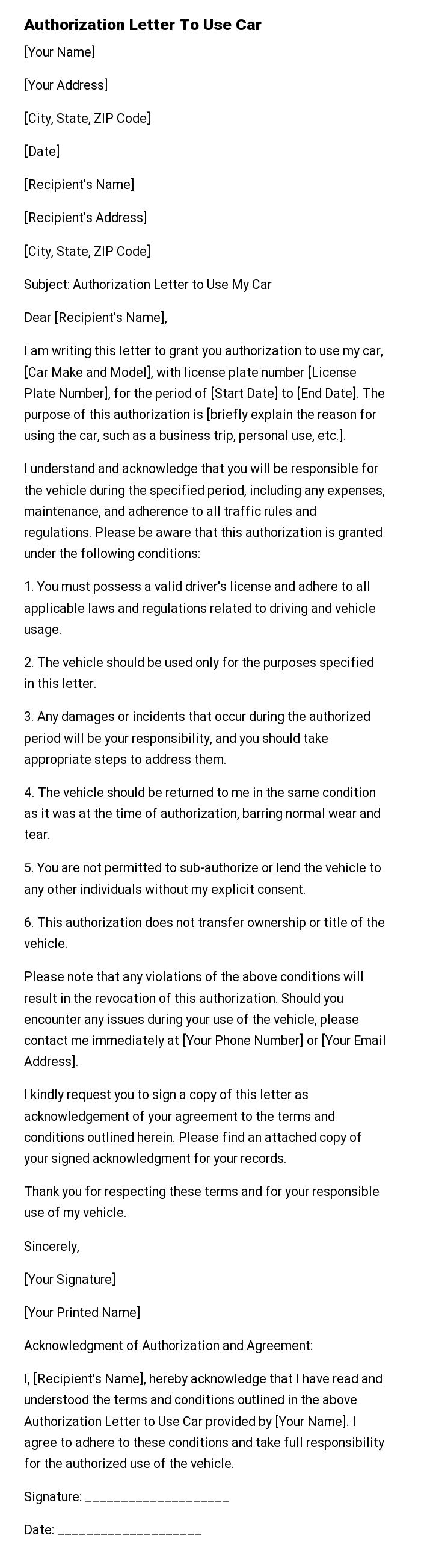 Authorization Letter To Use Car