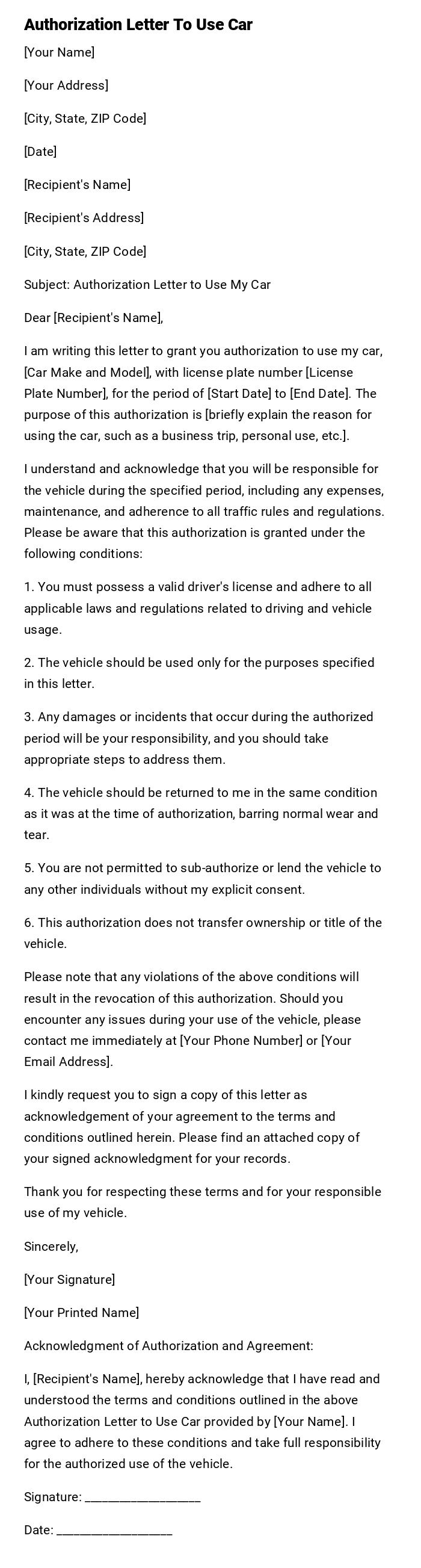 Authorization Letter To Use Car