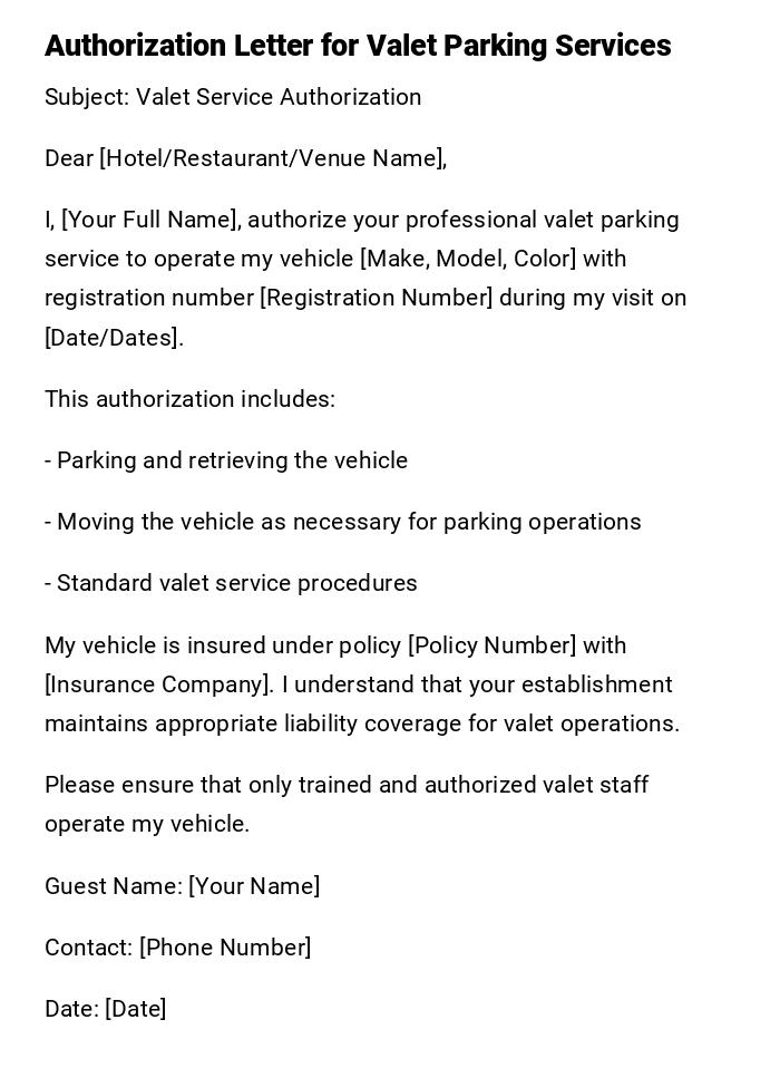 Authorization Letter for Valet Parking Services Authorization Letter for Valet Parking Services