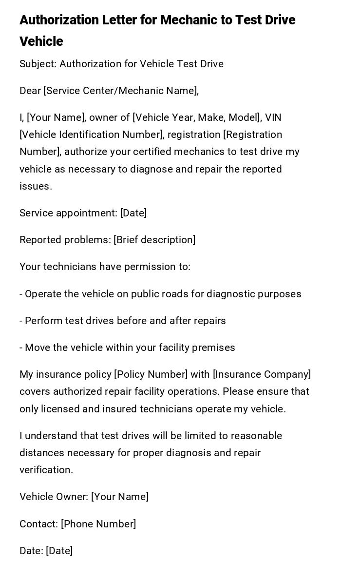 Authorization Letter for Mechanic to Test Drive Vehicle Authorization Letter for Mechanic to Test Drive Vehicle