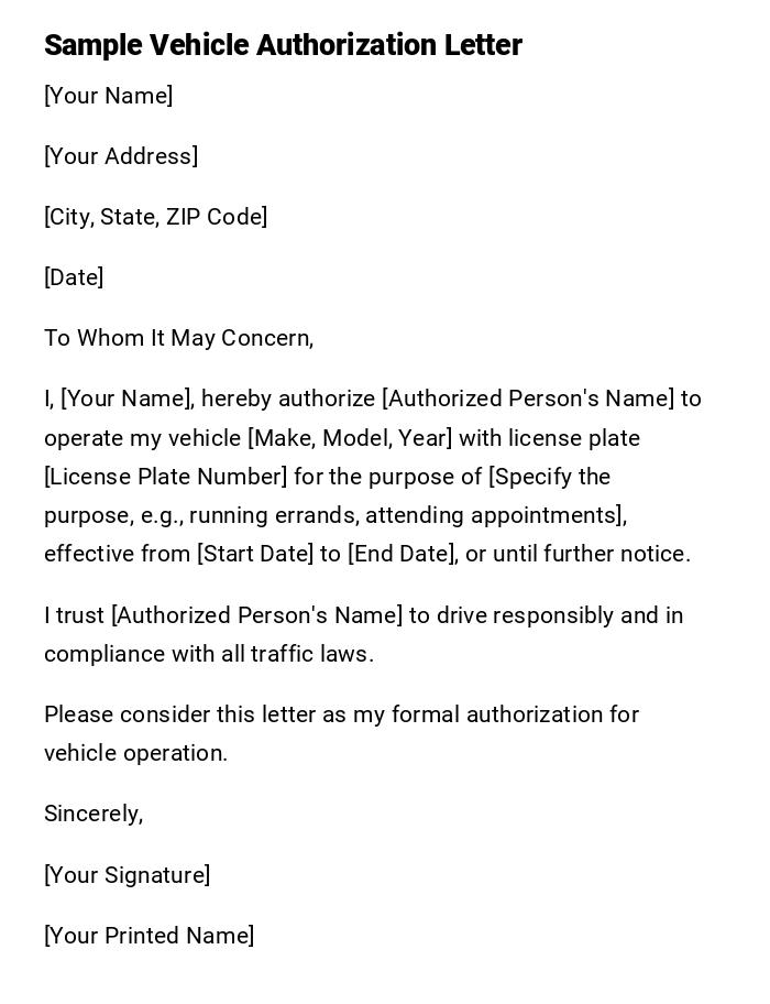 Sample Vehicle Authorization Letter