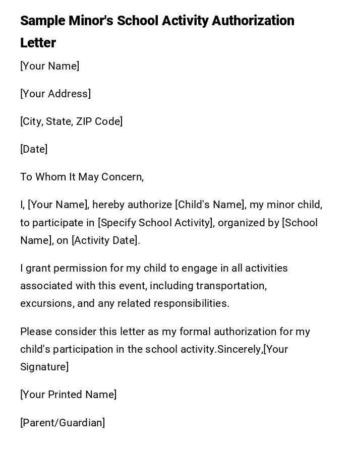 Sample Minor's School Activity Authorization Letter