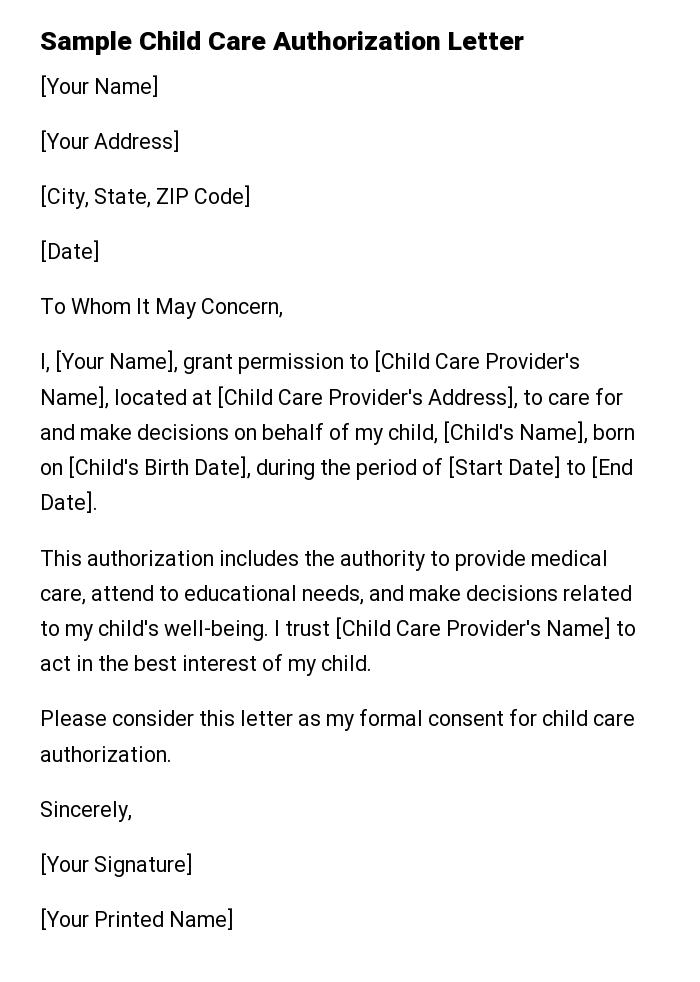 Sample Child Care Authorization Letter