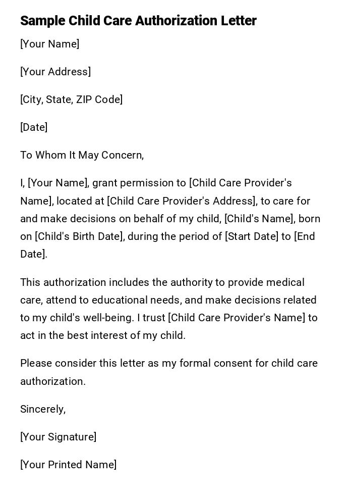 Sample Child Care Authorization Letter