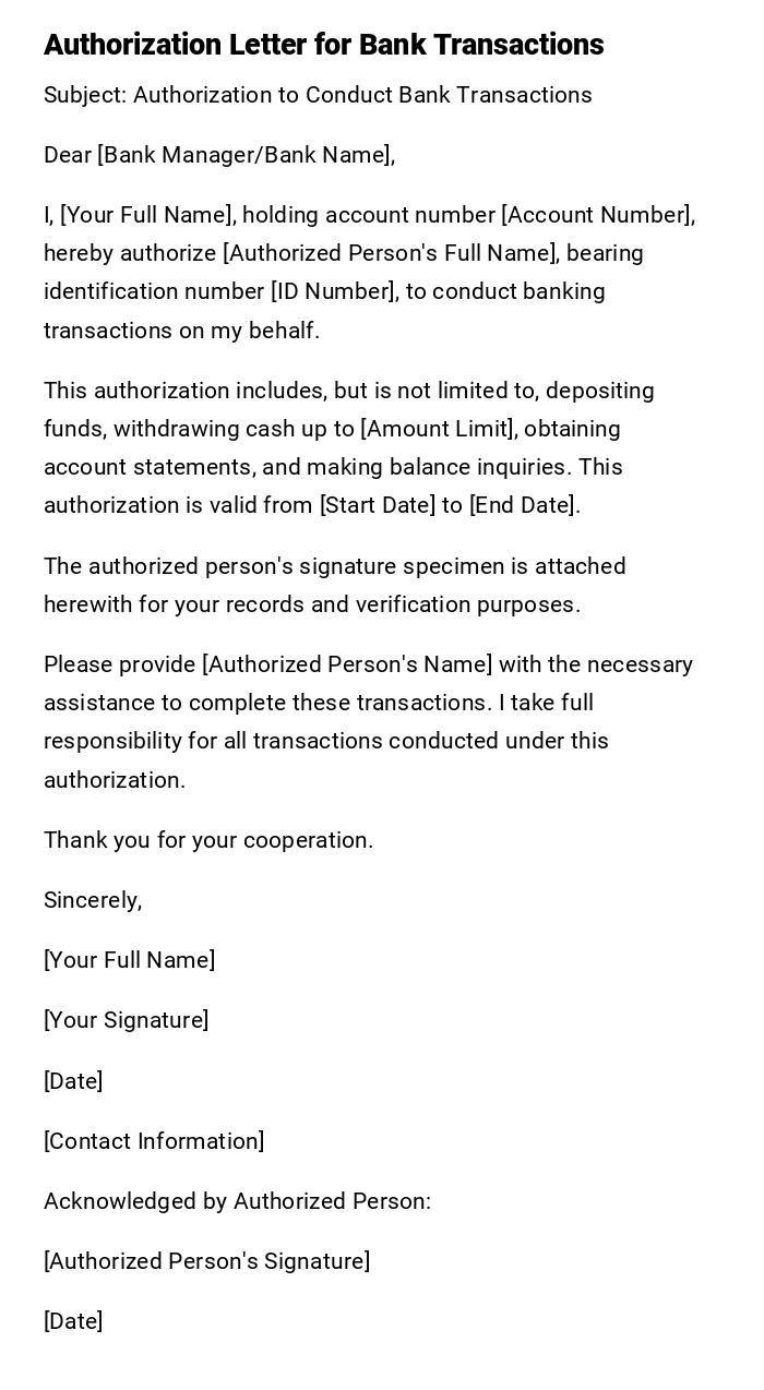 Authorization Letter for Bank Transactions