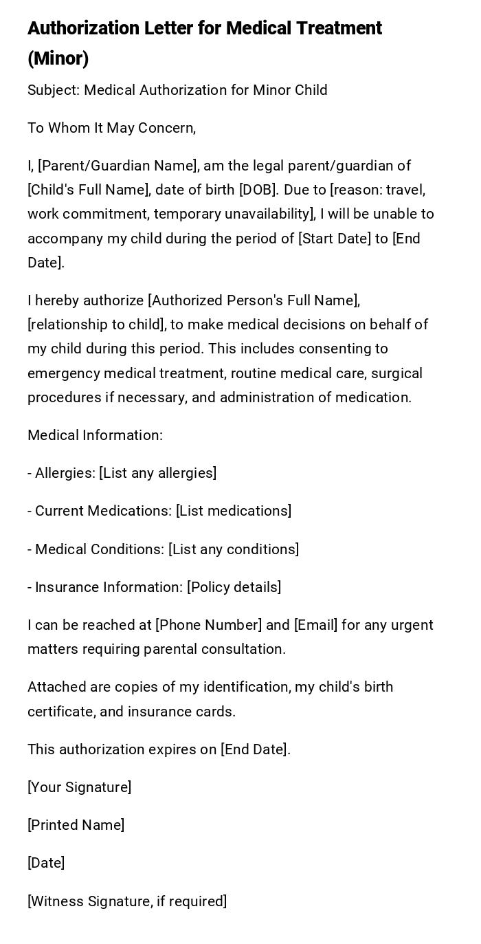Authorization Letter for Medical Treatment (Minor)