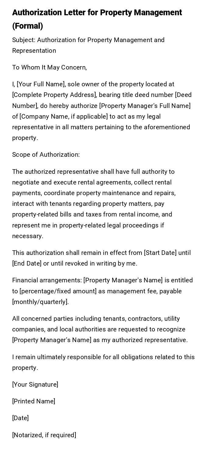 Authorization Letter for Property Management (Formal)
