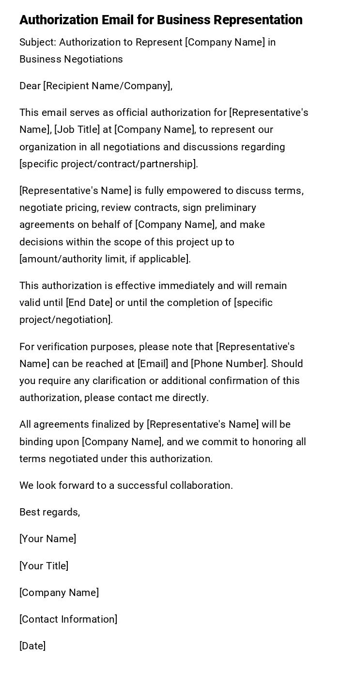 Authorization Email for Business Representation