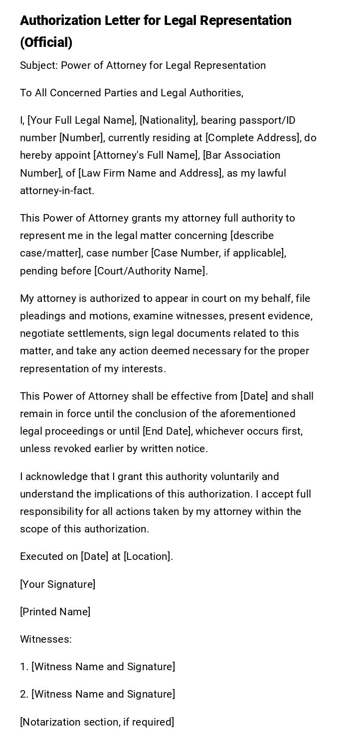 Authorization Letter for Legal Representation (Official)
