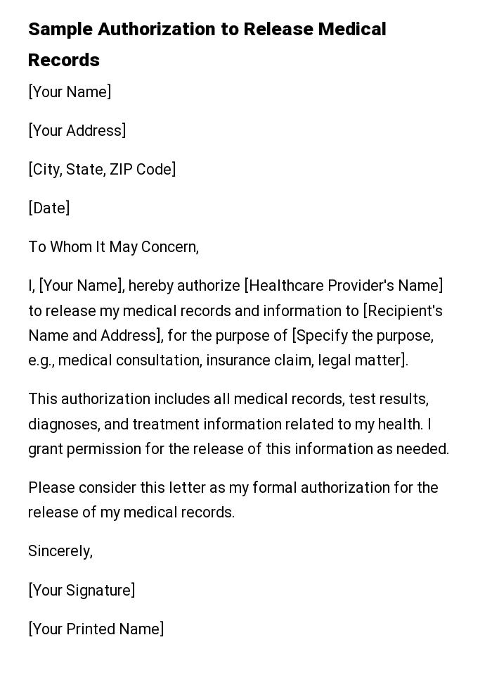 Sample Authorization to Release Medical Records