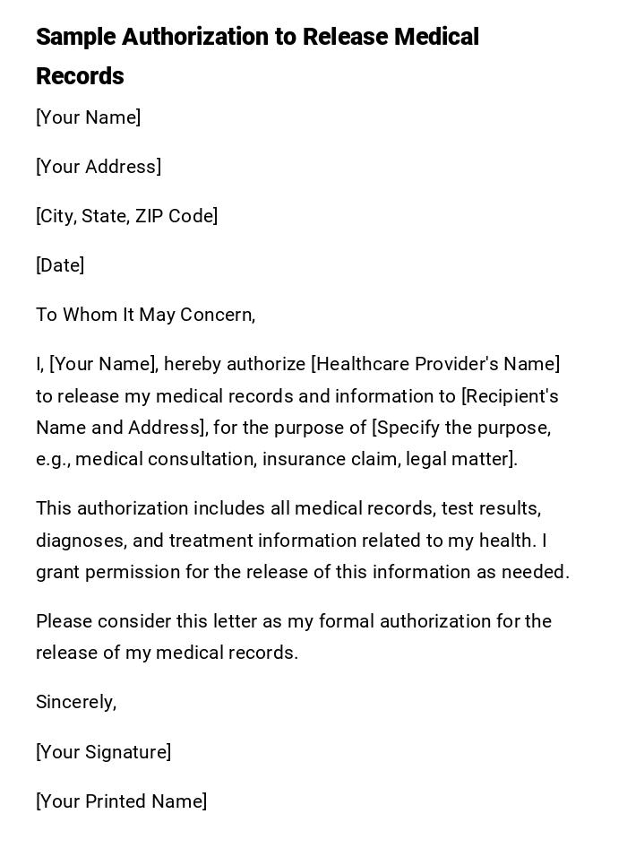 Sample Authorization to Release Medical Records