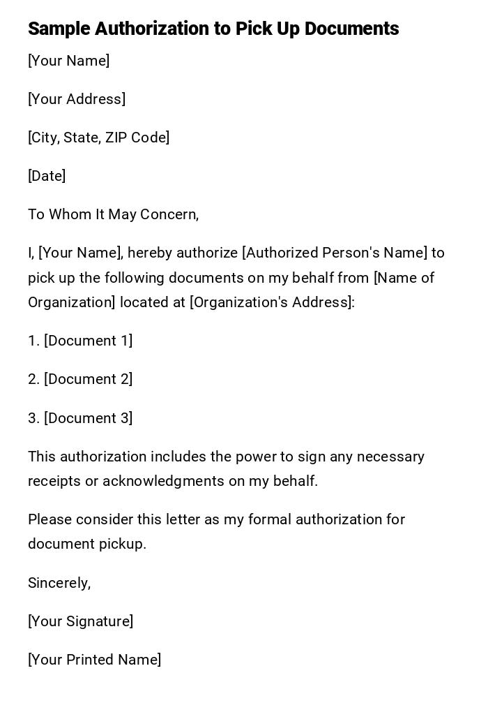 Sample Authorization to Pick Up Documents