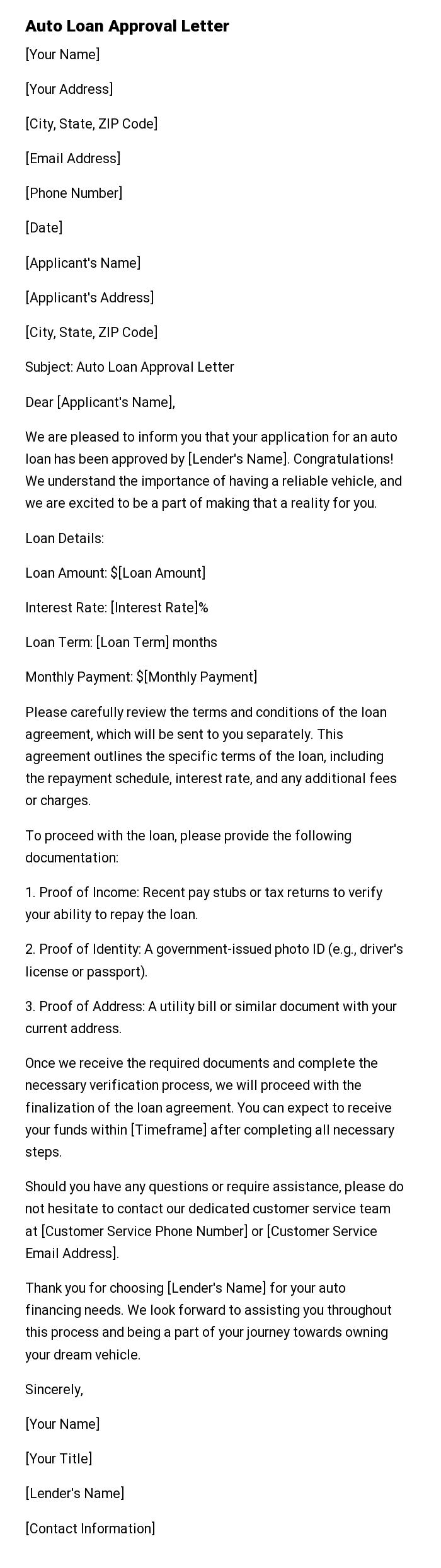 Auto Loan Approval Letter