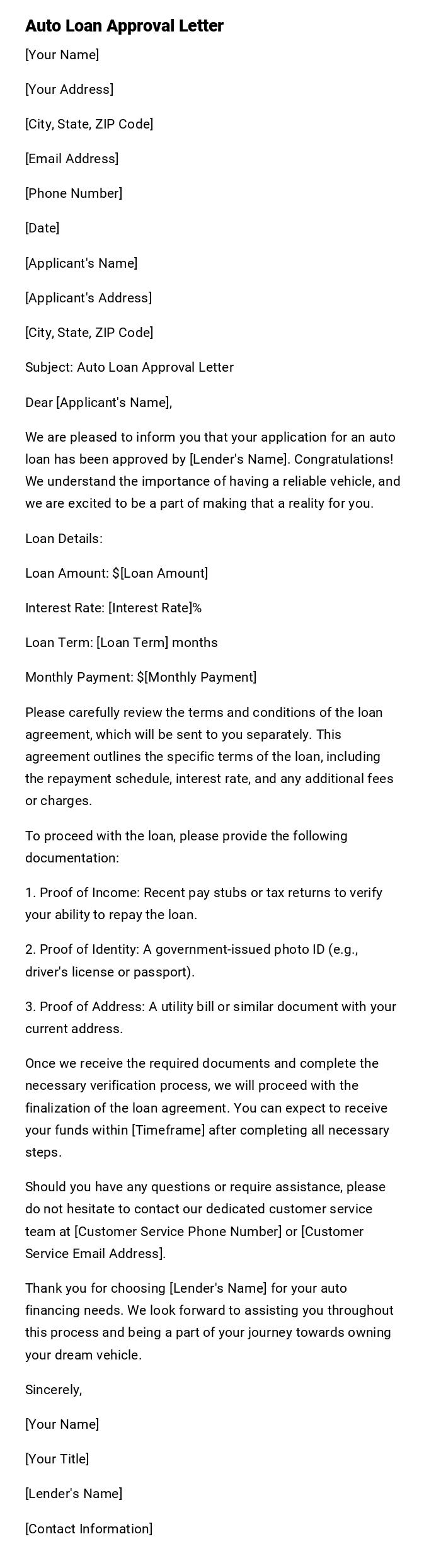 Auto Loan Approval Letter Auto Loan Approval Letter