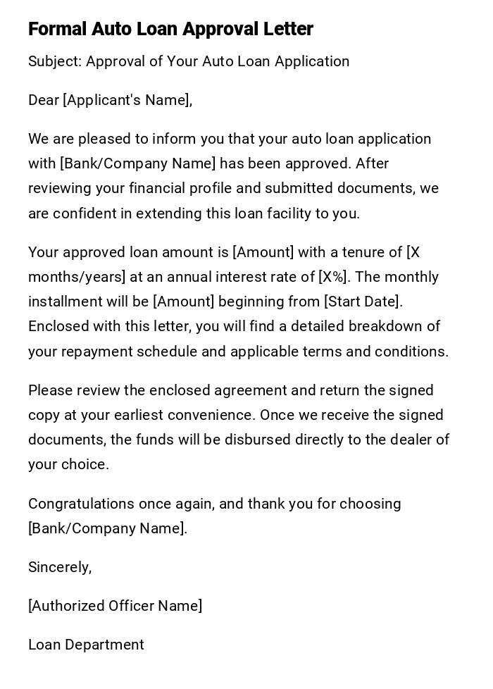 Formal Auto Loan Approval Letter Formal Auto Loan Approval Letter