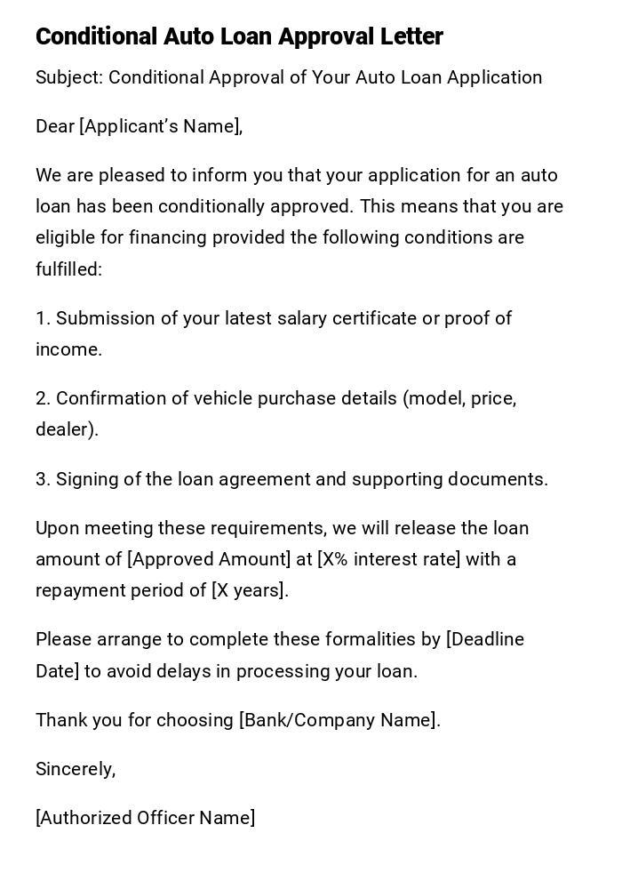 Conditional Auto Loan Approval Letter Conditional Auto Loan Approval Letter