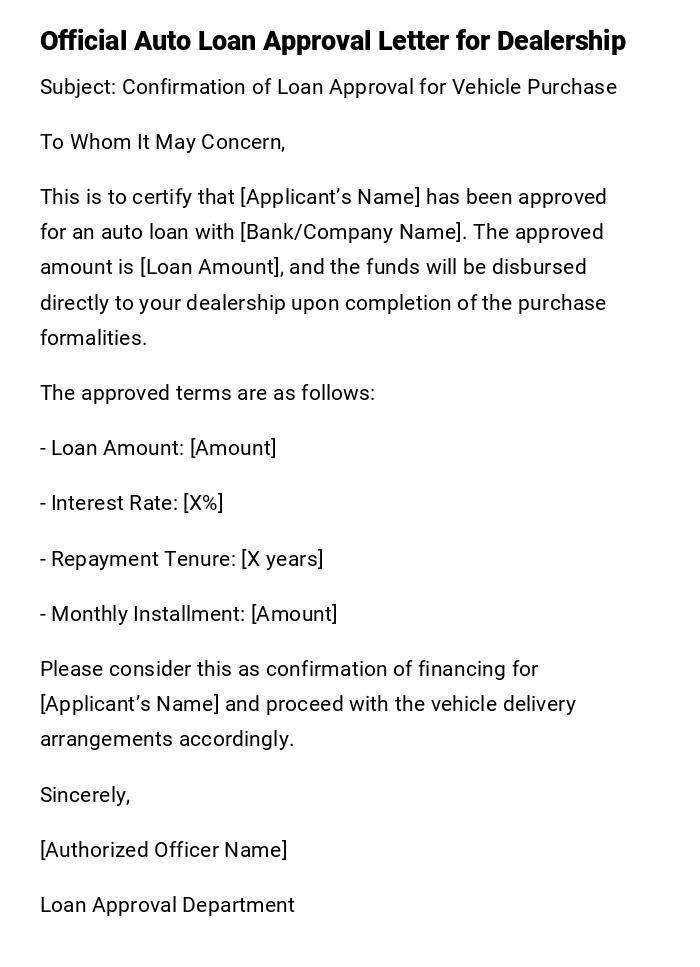 Official Auto Loan Approval Letter for Dealership Official Auto Loan Approval Letter for Dealership