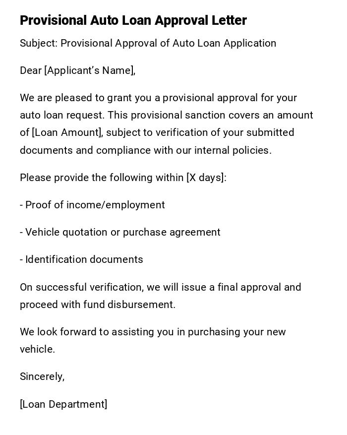 Provisional Auto Loan Approval Letter Provisional Auto Loan Approval Letter
