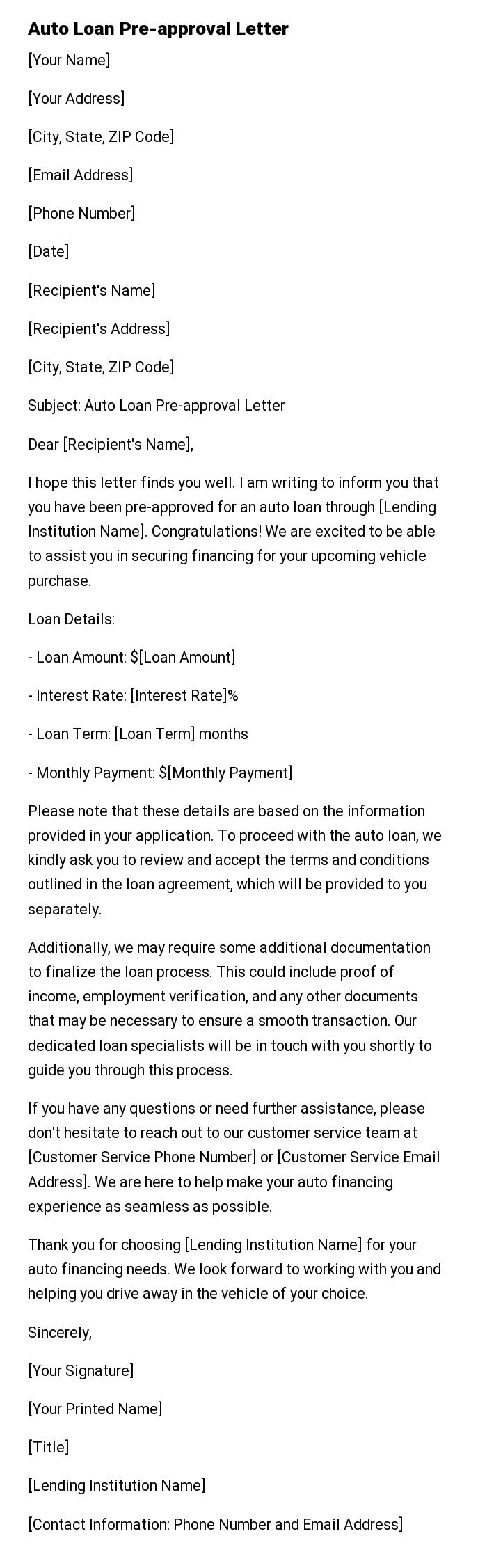 Auto Loan Pre-approval Letter