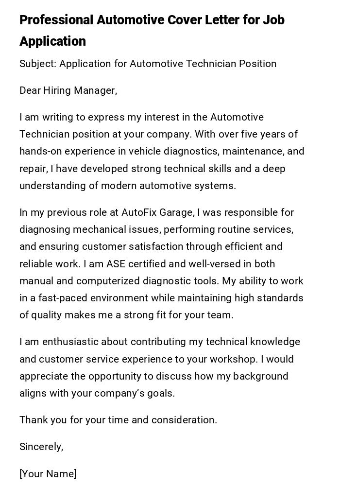 Professional Automotive Cover Letter for Job Application Professional Automotive Cover Letter for Job Application