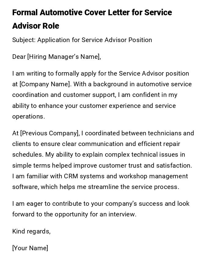 Formal Automotive Cover Letter for Service Advisor Role Formal Automotive Cover Letter for Service Advisor Role