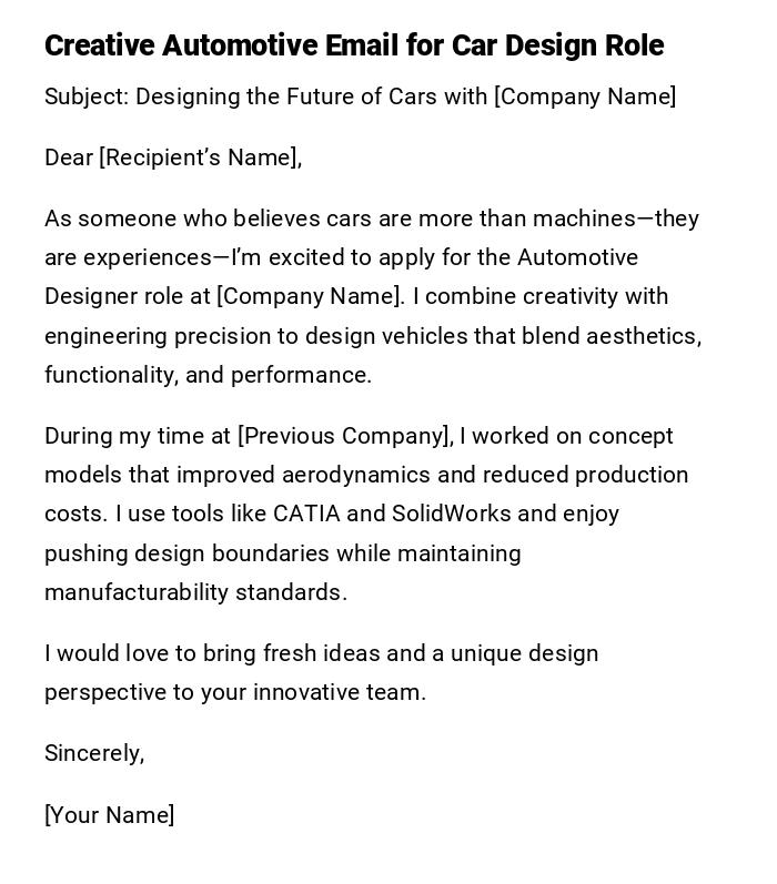 Creative Automotive Email for Car Design Role Creative Automotive Email for Car Design Role