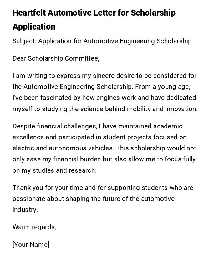 Heartfelt Automotive Letter for Scholarship Application Heartfelt Automotive Letter for Scholarship Application