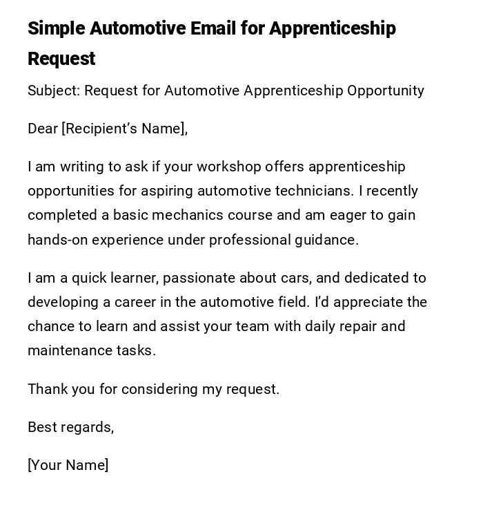 Simple Automotive Email for Apprenticeship Request Simple Automotive Email for Apprenticeship Request