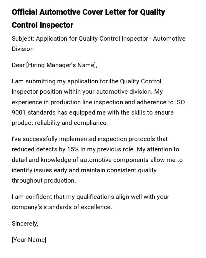 Official Automotive Cover Letter for Quality Control Inspector Official Automotive Cover Letter for Quality Control Inspector