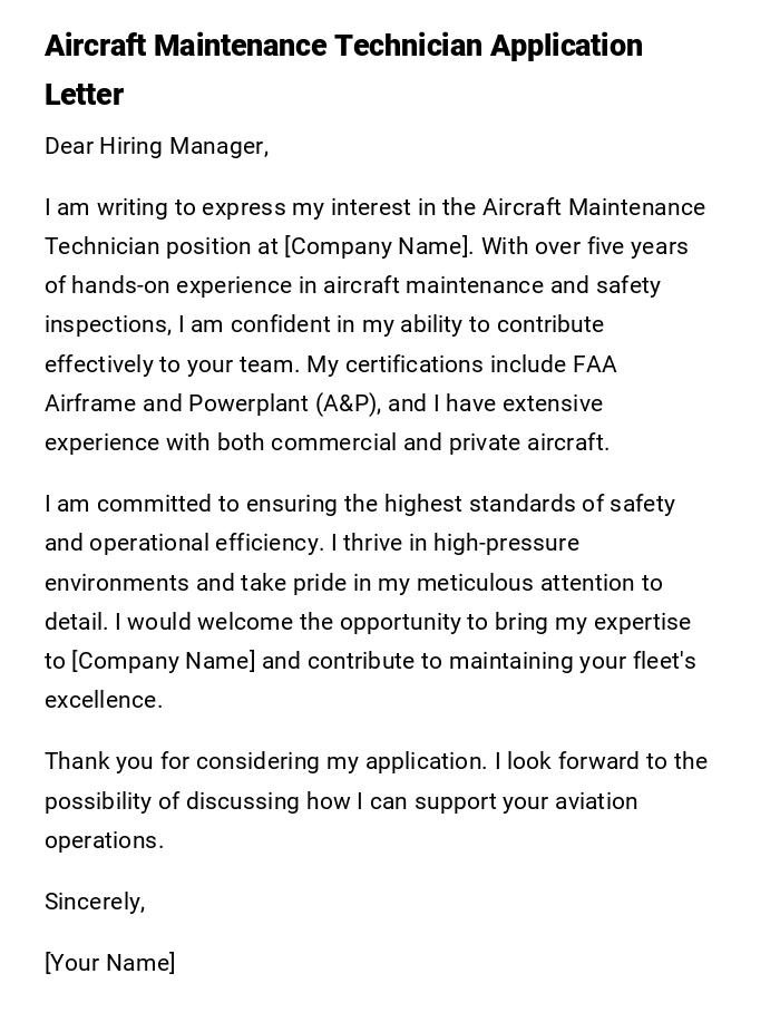 Aircraft Maintenance Technician Application Letter Aircraft Maintenance Technician Application Letter
