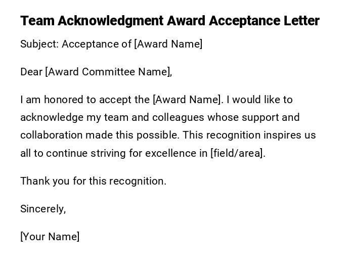 Team Acknowledgment Award Acceptance Letter Team Acknowledgment Award Acceptance Letter