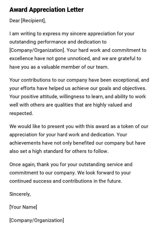 Award Appreciation Letter Award Appreciation Letter