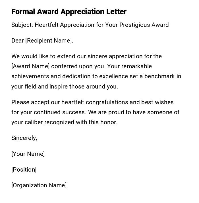 Formal Award Appreciation Letter Formal Award Appreciation Letter