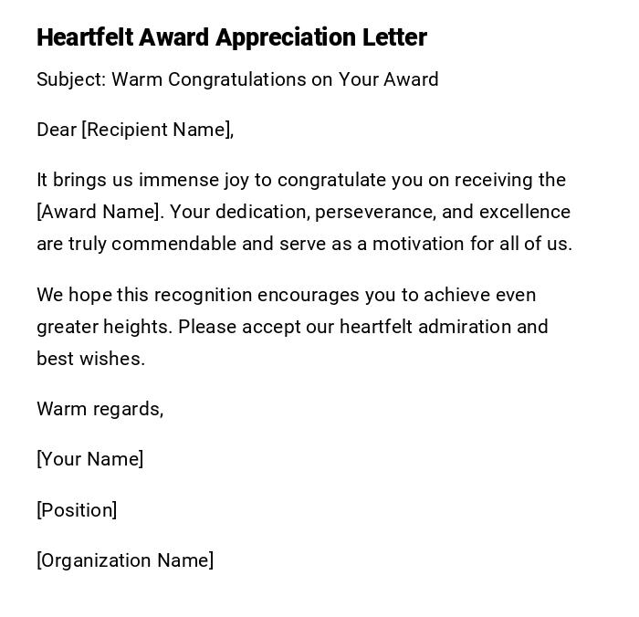 Heartfelt Award Appreciation Letter Heartfelt Award Appreciation Letter