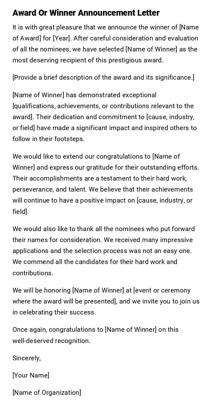 Award Or Winner Announcement Letter