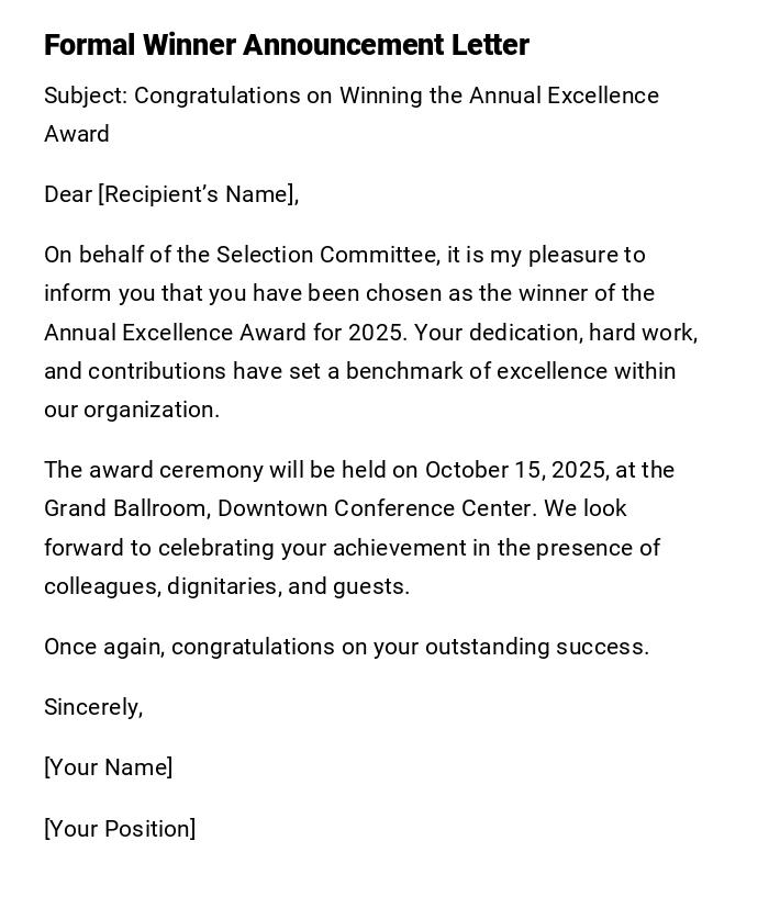 Formal Winner Announcement Letter Formal Winner Announcement Letter