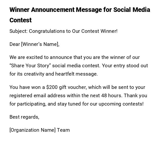 Winner Announcement Message for Social Media Contest Winner Announcement Message for Social Media Contest
