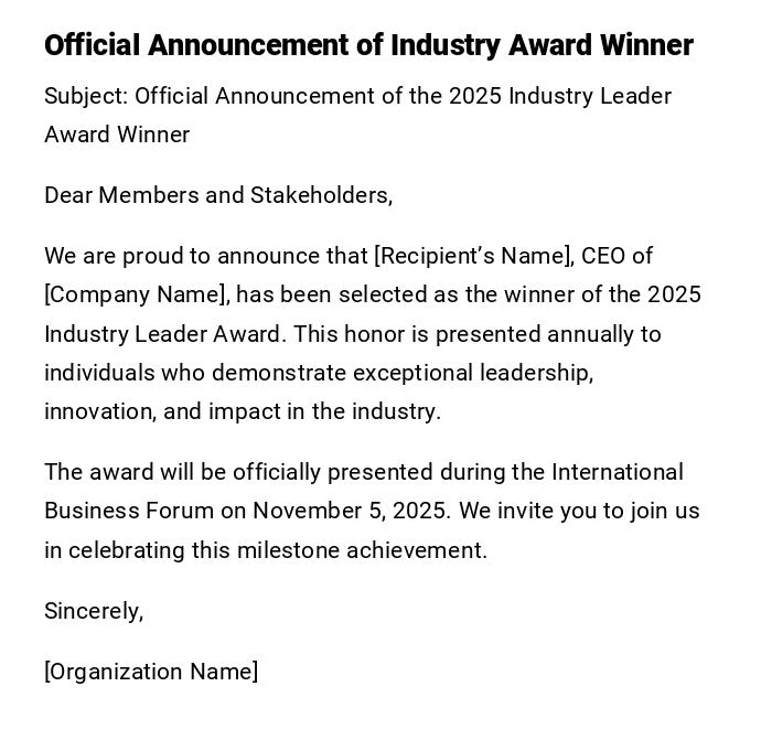 Official Announcement of Industry Award Winner Official Announcement of Industry Award Winner
