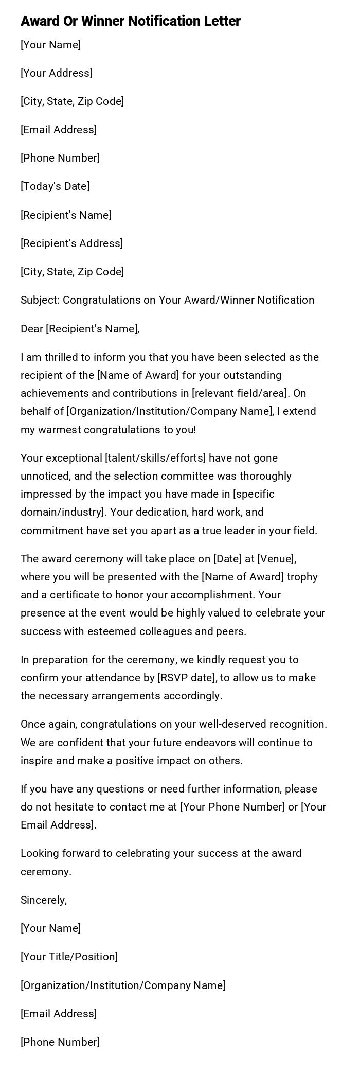 Award Or Winner Notification Letter Award Or Winner Notification Letter