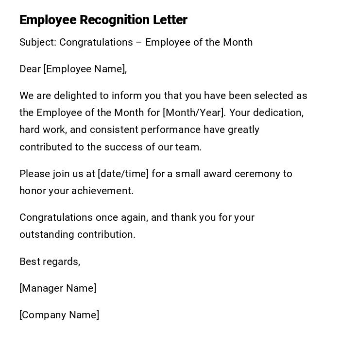 Employee Recognition Letter Employee Recognition Letter