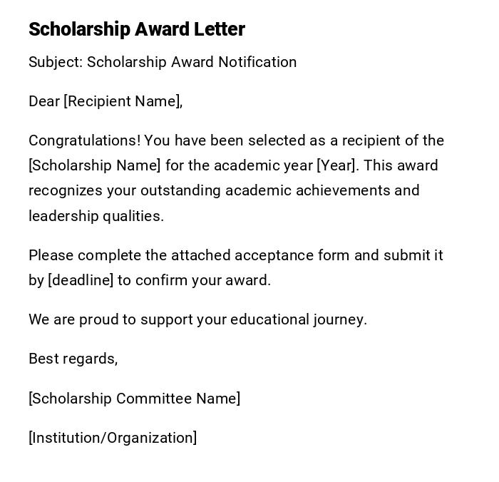 Scholarship Award Letter Scholarship Award Letter