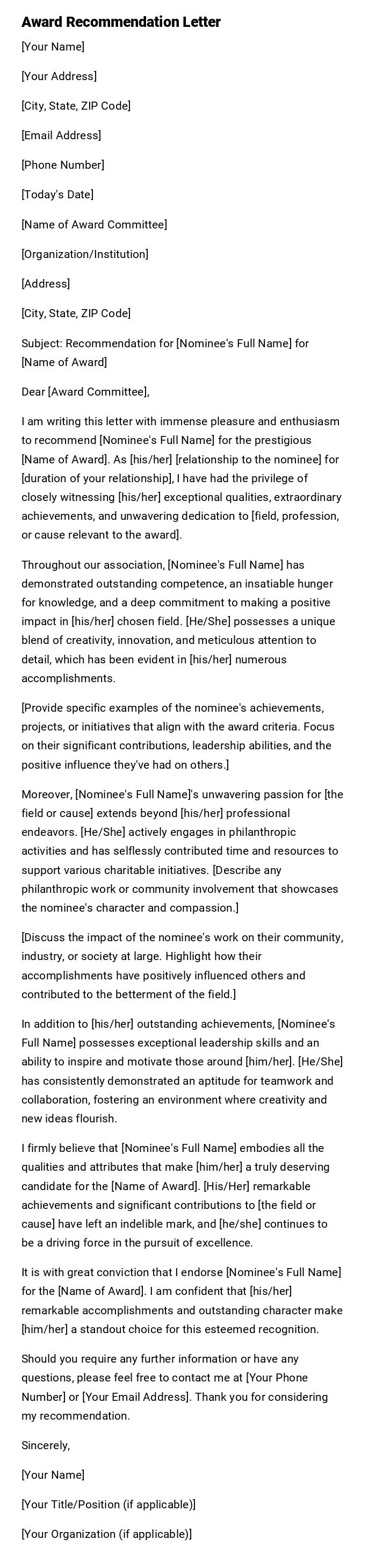 Award Recommendation Letter Award Recommendation Letter
